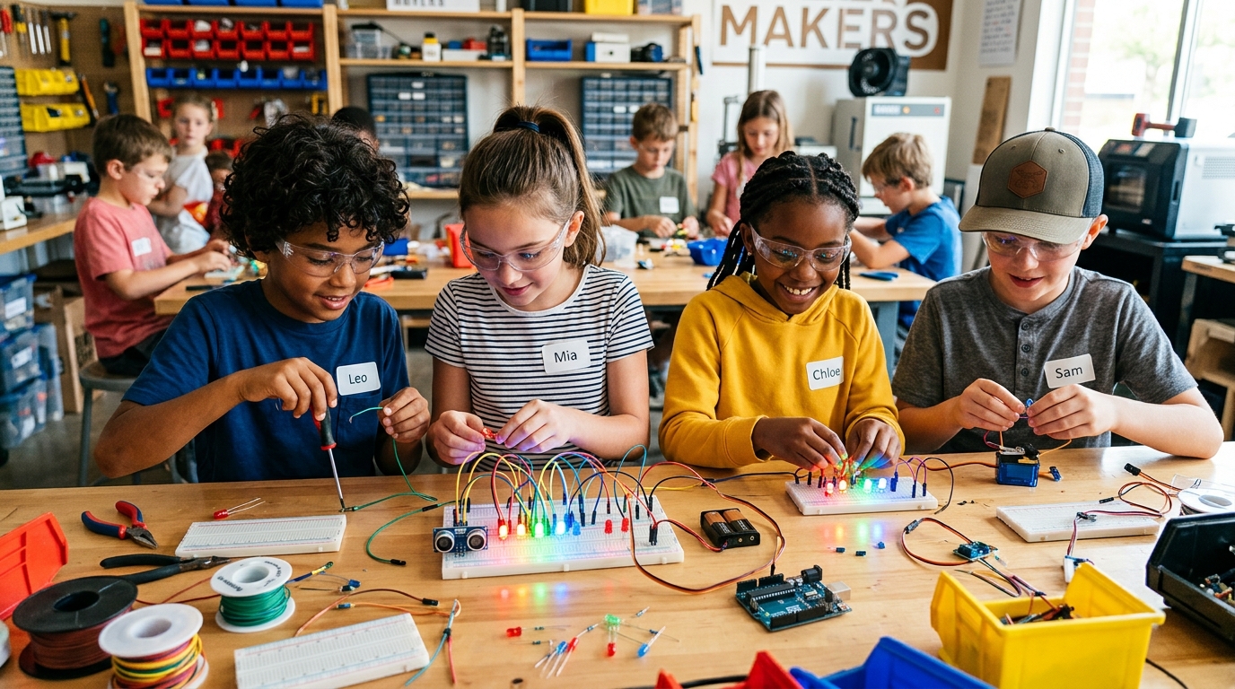 Kids building electronic circuits and sensors